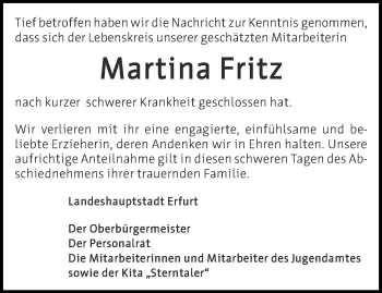 Traueranzeige von Martina Fritz von Thüringer Allgemeine, Thüringische Landeszeitung