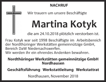 Traueranzeige von Martina Kotyk von Thüringer Allgemeine