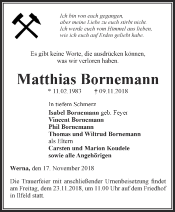 Traueranzeige von Matthias Bornemann von Thüringer Allgemeine