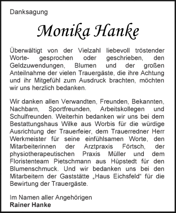 Traueranzeige von Monika Hanke von Thüringer Allgemeine