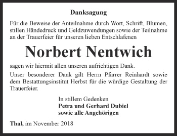 Traueranzeige von Norbert Nentwich von Thüringer Allgemeine, Thüringische Landeszeitung