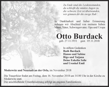 Traueranzeige von Otto Burdack