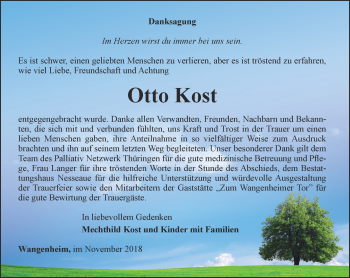 Traueranzeige von Otto Kost von Ostthüringer Zeitung, Thüringische Landeszeitung