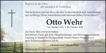 Traueranzeige von Otto Wehr von Thüringer Allgemeine