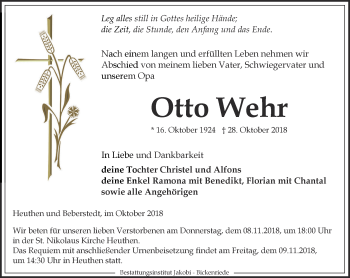 Traueranzeige von Otto Wehr von Thüringer Allgemeine