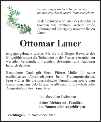 Traueranzeige von Ottomar Lauer von Thüringer Allgemeine