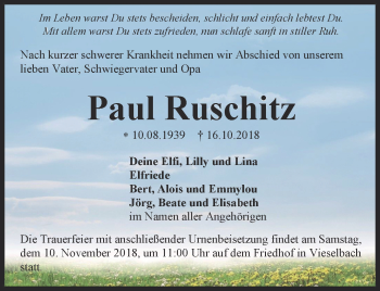 Traueranzeige von Paul Ruschitz von Thüringer Allgemeine, Thüringische Landeszeitung