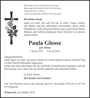Traueranzeige von Paula Glosse von Thüringer Allgemeine