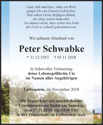 Traueranzeige von Peter Schwabke von Thüringer Allgemeine