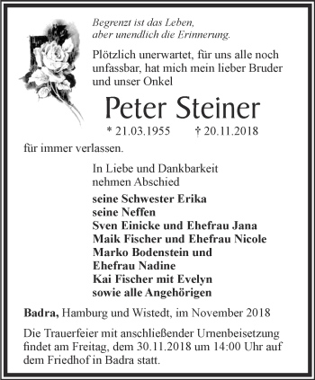 Traueranzeigen Von Peter Steiner Trauer In Thueringen De