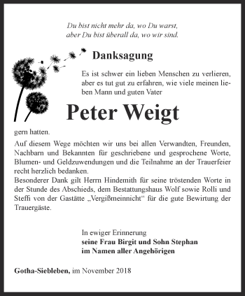 Traueranzeige von Peter Weigt von Ostthüringer Zeitung, Thüringische Landeszeitung