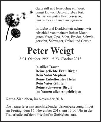 Traueranzeige von Peter Weigt von Ostthüringer Zeitung, Thüringische Landeszeitung