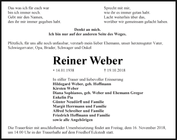 Traueranzeige von Reiner Weber von Thüringer Allgemeine