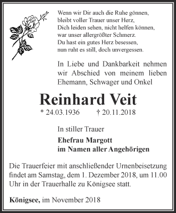 Traueranzeige von Reinhard Veit von Ostthüringer Zeitung