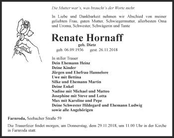 Traueranzeige von Renate Hornaff von Thüringer Allgemeine, Thüringische Landeszeitung