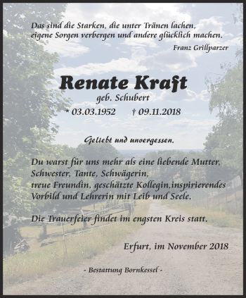 Traueranzeige von Renate Kraft von Thüringer Allgemeine, Thüringische Landeszeitung