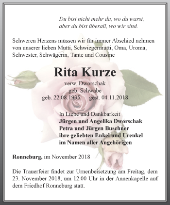 Traueranzeige von Rita Kurze von Ostthüringer Zeitung