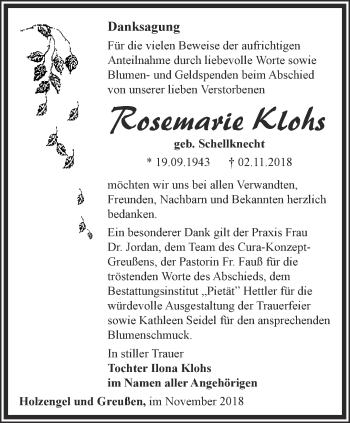 Traueranzeige von Rosemarie Klohs  von Thüringer Allgemeine