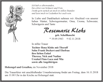 Traueranzeige von Rosemarie Klohs  von Thüringer Allgemeine