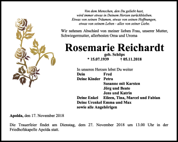 Traueranzeige von Rosemarie Reichardt von Thüringer Allgemeine, Thüringische Landeszeitung