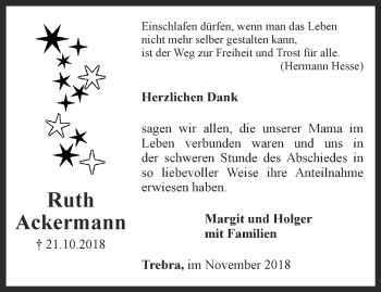 Traueranzeige von Ruth Ackermann von Thüringer Allgemeine