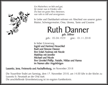 Traueranzeige von Ruth Danner von Ostthüringer Zeitung