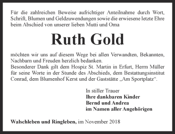 Traueranzeige von Ruth Gold von Thüringer Allgemeine, Thüringische Landeszeitung