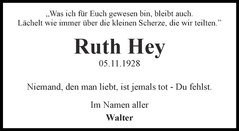  Traueranzeige für Ruth Hey vom 05.11.2018 aus Ostthüringer Zeitung, Thüringische Landeszeitung