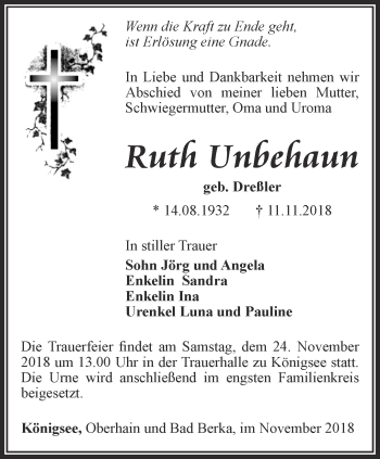 Traueranzeige von Ruth Unbehaun von Ostthüringer Zeitung