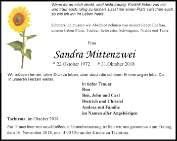 Traueranzeige von Sandra Mittenzwei von Ostthüringer Zeitung