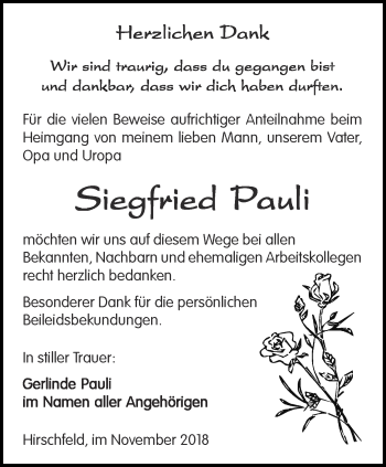 Traueranzeige von Siegfried Pauli von Ostthüringer Zeitung