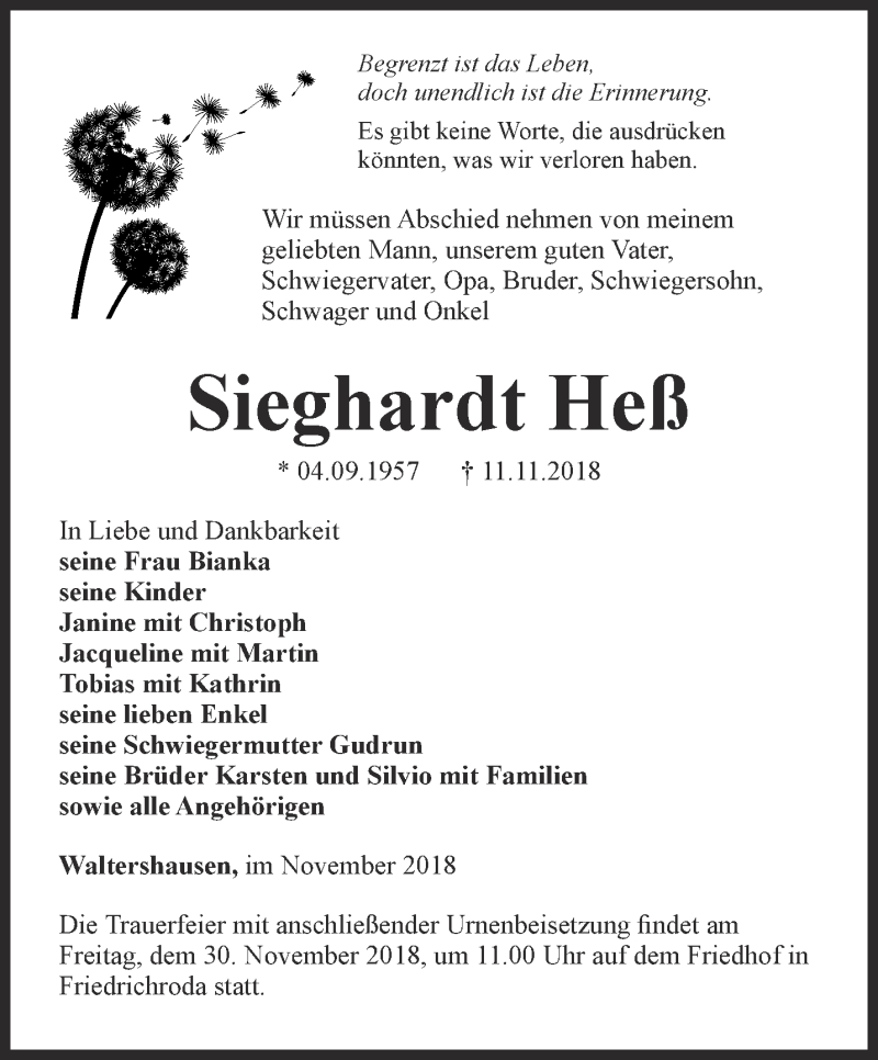  Traueranzeige für Sieghardt Heß vom 17.11.2018 aus Ostthüringer Zeitung, Thüringische Landeszeitung