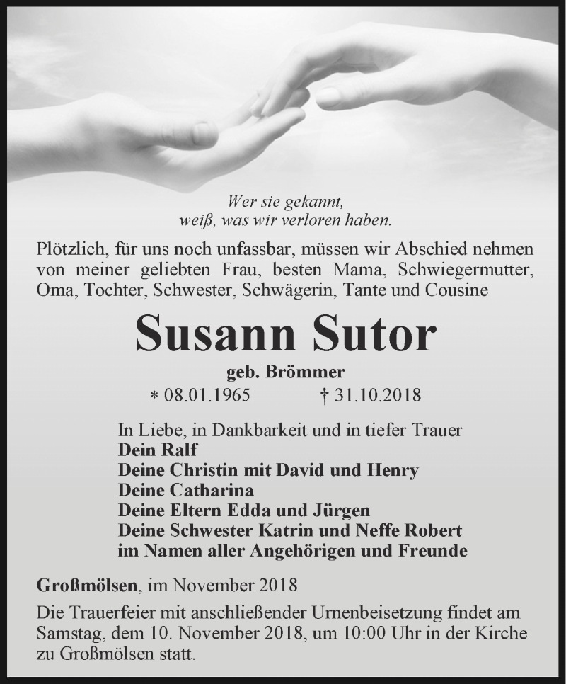  Traueranzeige für Susann Sutor vom 06.11.2018 aus Thüringer Allgemeine, Thüringische Landeszeitung