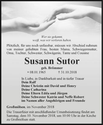 Traueranzeige von Susann Sutor von Thüringer Allgemeine, Thüringische Landeszeitung