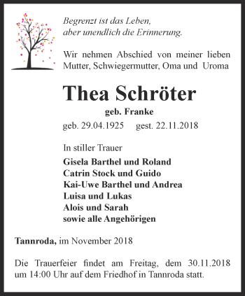 Traueranzeige von Thea Schröter von Thüringer Allgemeine, Thüringische Landeszeitung