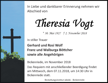 Traueranzeige von Theresia Vogt von Thüringer Allgemeine, Thüringische Landeszeitung