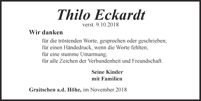  Traueranzeige für Thilo Eckardt vom 16.11.2018 aus Ostthüringer Zeitung