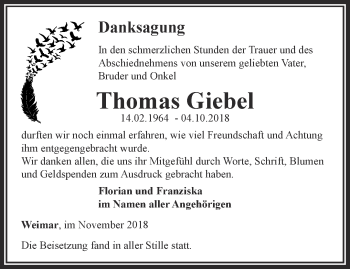 Traueranzeige von Thomas Giebel von Thüringer Allgemeine, Thüringische Landeszeitung