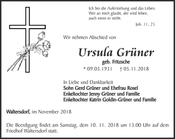 Traueranzeige von Ursula Grüner von Ostthüringer Zeitung