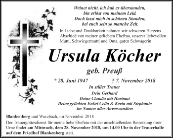 Traueranzeige von Ursula Köcher von Ostthüringer Zeitung