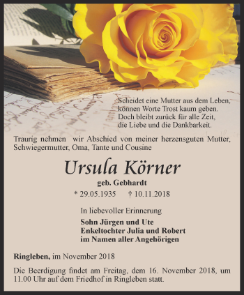 Traueranzeige von Ursula Körner von Thüringer Allgemeine