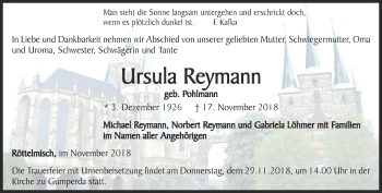 Traueranzeige von Ursula Reymann von Ostthüringer Zeitung, Thüringische Landeszeitung