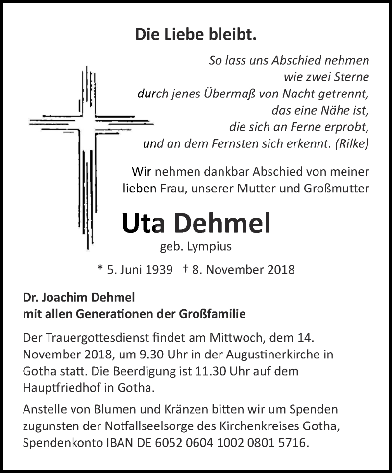  Traueranzeige für Uta Dehmel vom 10.11.2018 aus Ostthüringer Zeitung, Thüringische Landeszeitung
