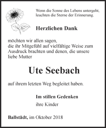 Traueranzeige von Ute Seebach von Ostthüringer Zeitung, Thüringische Landeszeitung