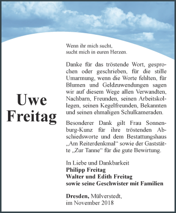 Traueranzeige von Uwe Freitag von Thüringer Allgemeine, Thüringische Landeszeitung