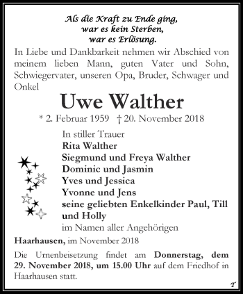 Traueranzeige von Uwe Walther  von Thüringer Allgemeine