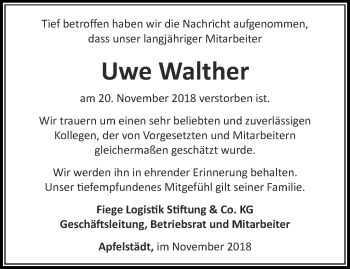 Traueranzeige von Uwe Walther  von Thüringer Allgemeine