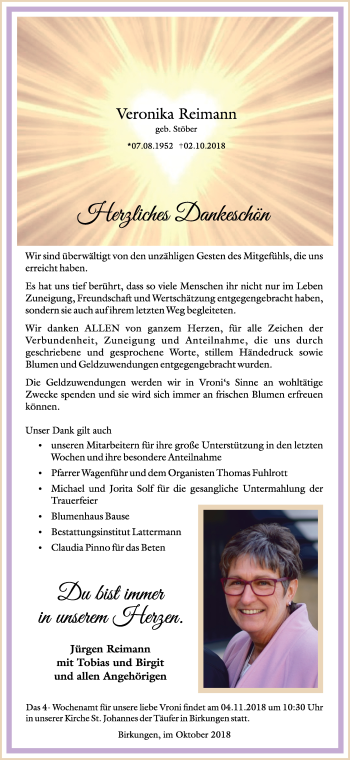 Traueranzeige von Veronika Reimann von Thüringer Allgemeine