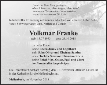 Traueranzeige von Volkmar Franke von Ostthüringer Zeitung