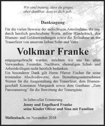 Traueranzeige von Volkmar Franke von Ostthüringer Zeitung